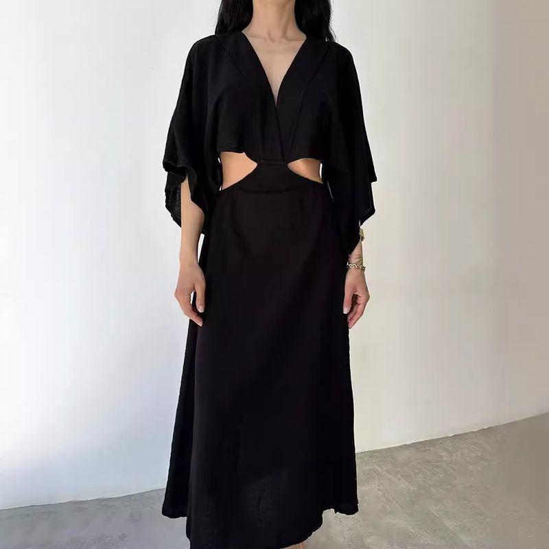 

High Slit Dress European and American New Hollow Backless Sexy Waist-Exposed V-neck High Slit Cotton and Linen Jumpsuit Long dress Black 2XL