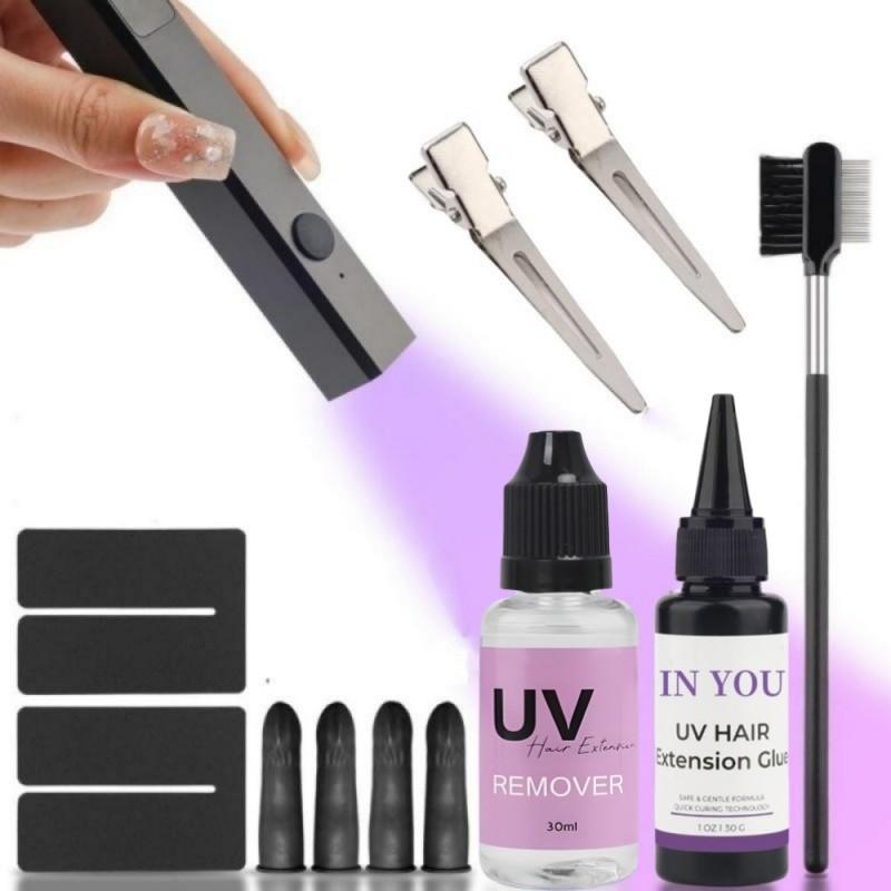 

Набор для УФ наращивания волос: УФ-лампа + Защитные экраны для кожи, Клей 30 г и Средство для снятия 30 мл, Полный набор инструментов для салонного и домашнего использования без повреждений A set