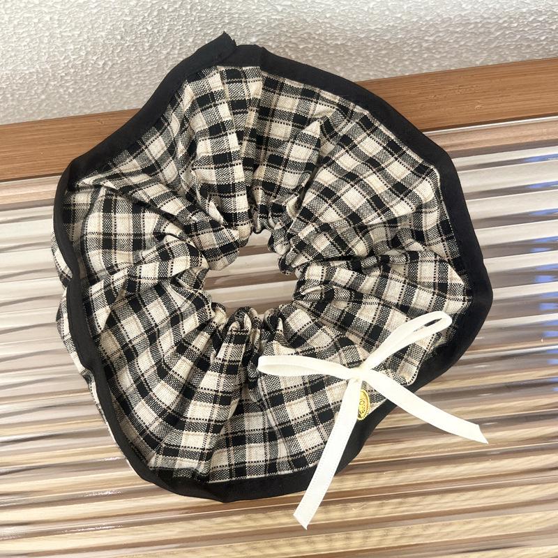 Elegant French Plaid Lace Bow Hair Scarf with Elastic Band