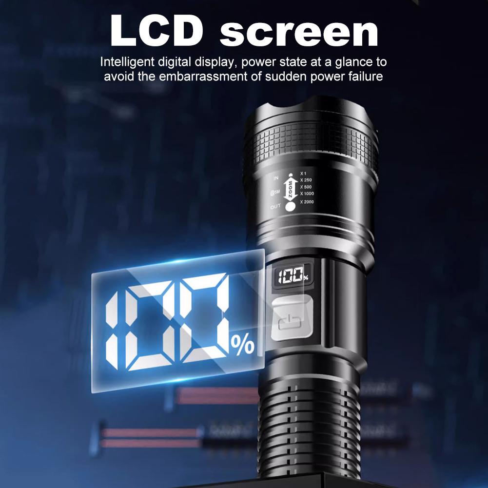 LED Outdoor Portable Flashlight USB Charging Camping Powerful Flashlight Power Display Strong Light Flashlight for Power Outages
