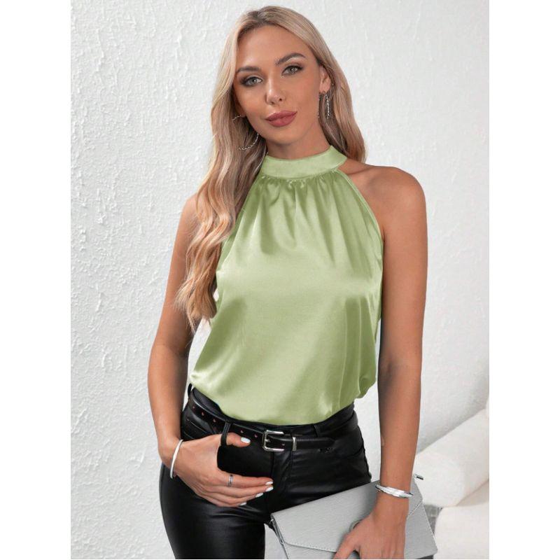Hanging Neck Vest2024 European American Summer New Women's Satin Pure Color off-Shoulder Halter Vest