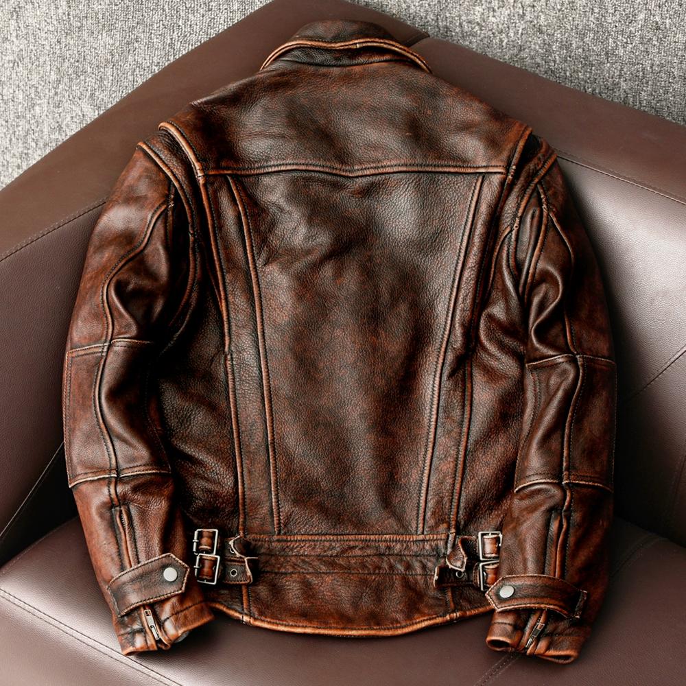 Genuine Top Grain Leather Jacket Men Vintage Biker Short Coat Distressed Motorcycle Fashion