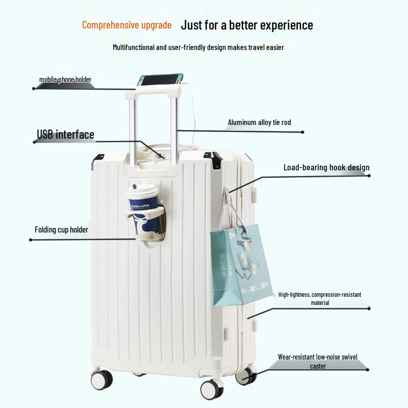 Durable Multifunctional Luggage with Cup Holder, Combination Lock, Rechargeable Features, and Large Capacity for Men and Women
