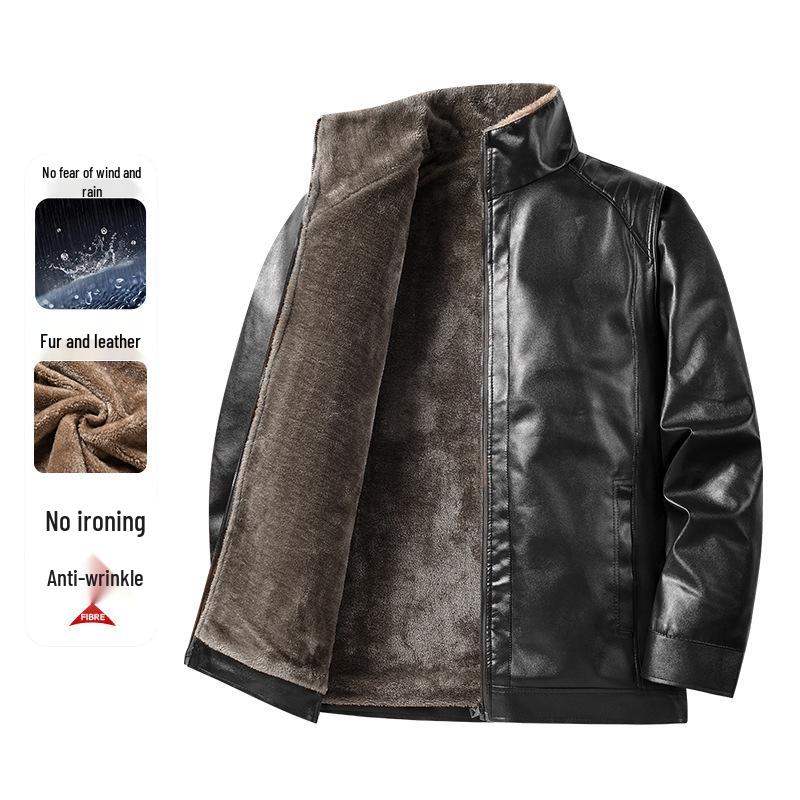 2025 Men's Windproof Leather Jacket - Solid Color, Stand Collar for Middle-aged & Elderly, Business Casual