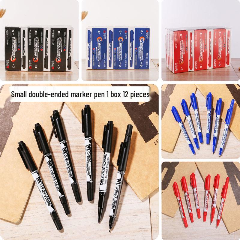 12-Piece Set: Small Double-Ended Oil-Based Marker Pens in Black, Red, and Blue for Student Art and Marking