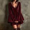 Spring and Autumn New Bohemian Horn Sleeves Velvet Pearl Women's V-neck Dress