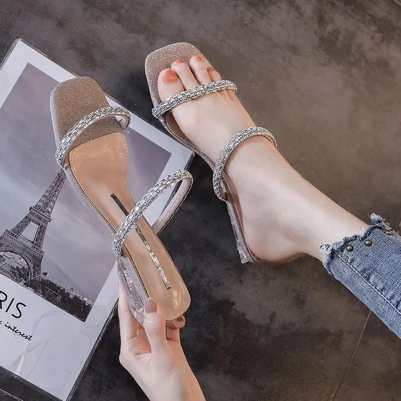 Fashion Women's Slippers and Ladies Sandals Jewels Clear Job Outside Crystals Open Toe Shoes Wedding Slides Low Heel Rhenstone W Shoe 39