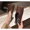 New Women Mules Summer Elegant Square Closed Toe Flat Slippers Female Shoes Casual Leather Black White Slides Plus Size 35-42