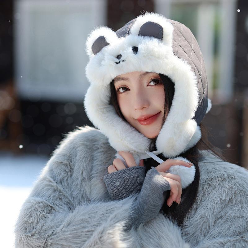 Cute Rabbit Ear Plush Hat for Women In Winter Plush Warm Lei Feng Hat Riding Cold Northeast Ear Protection Hat Thick