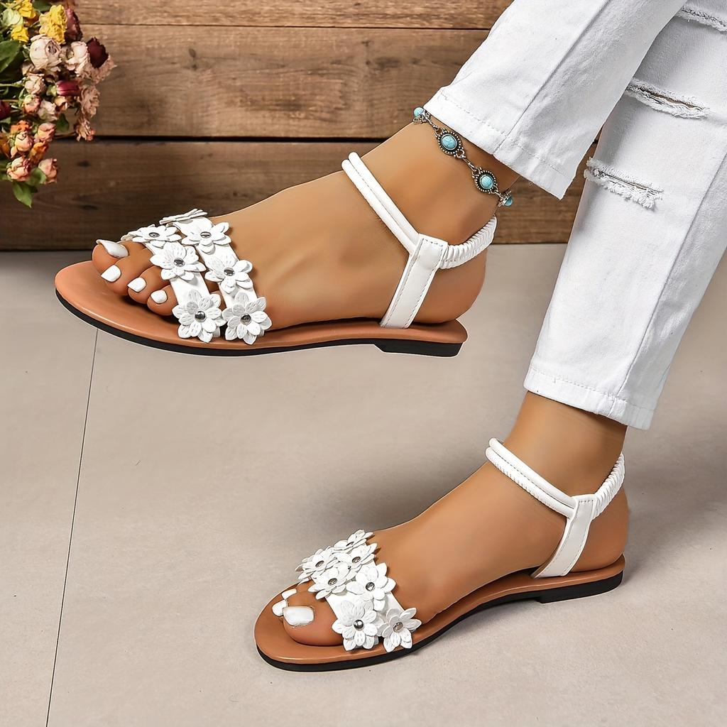 Women's Elegant Floral Embellished Slip-On Sandals  Lightweight Flat Sandals with Elastic Ankle Strap, Open-Toe Summer Beach Shoes
