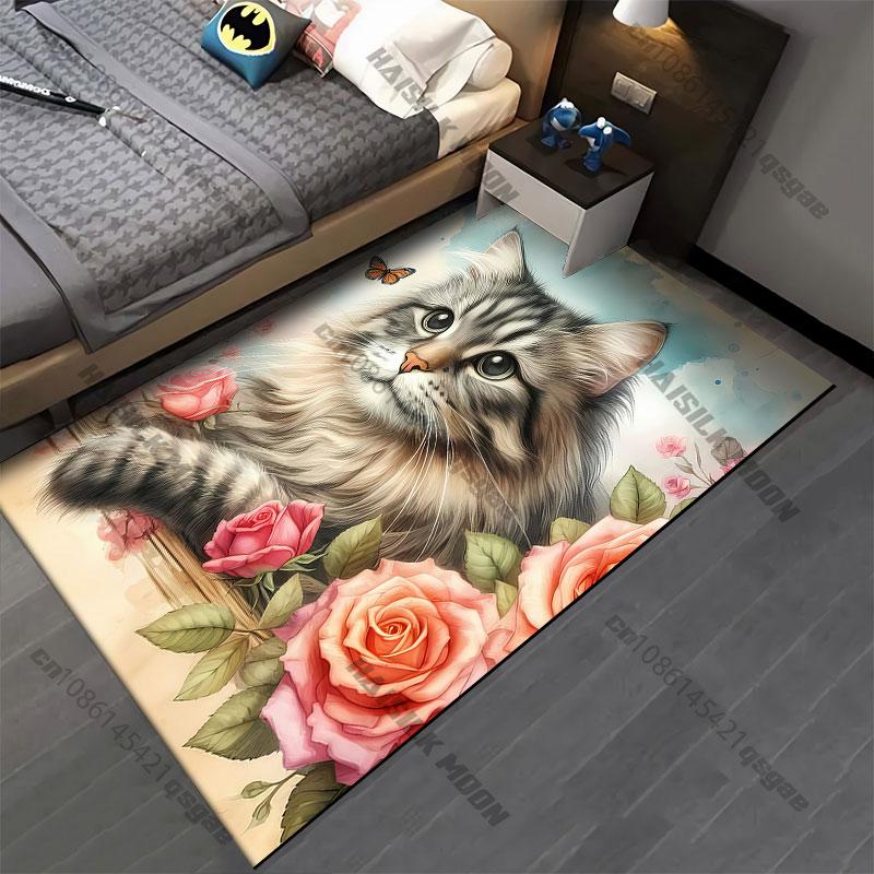 Cat surrounded by colorful flowers carpet Yoga living room room decor children's crawling mat doormat area rug games mat