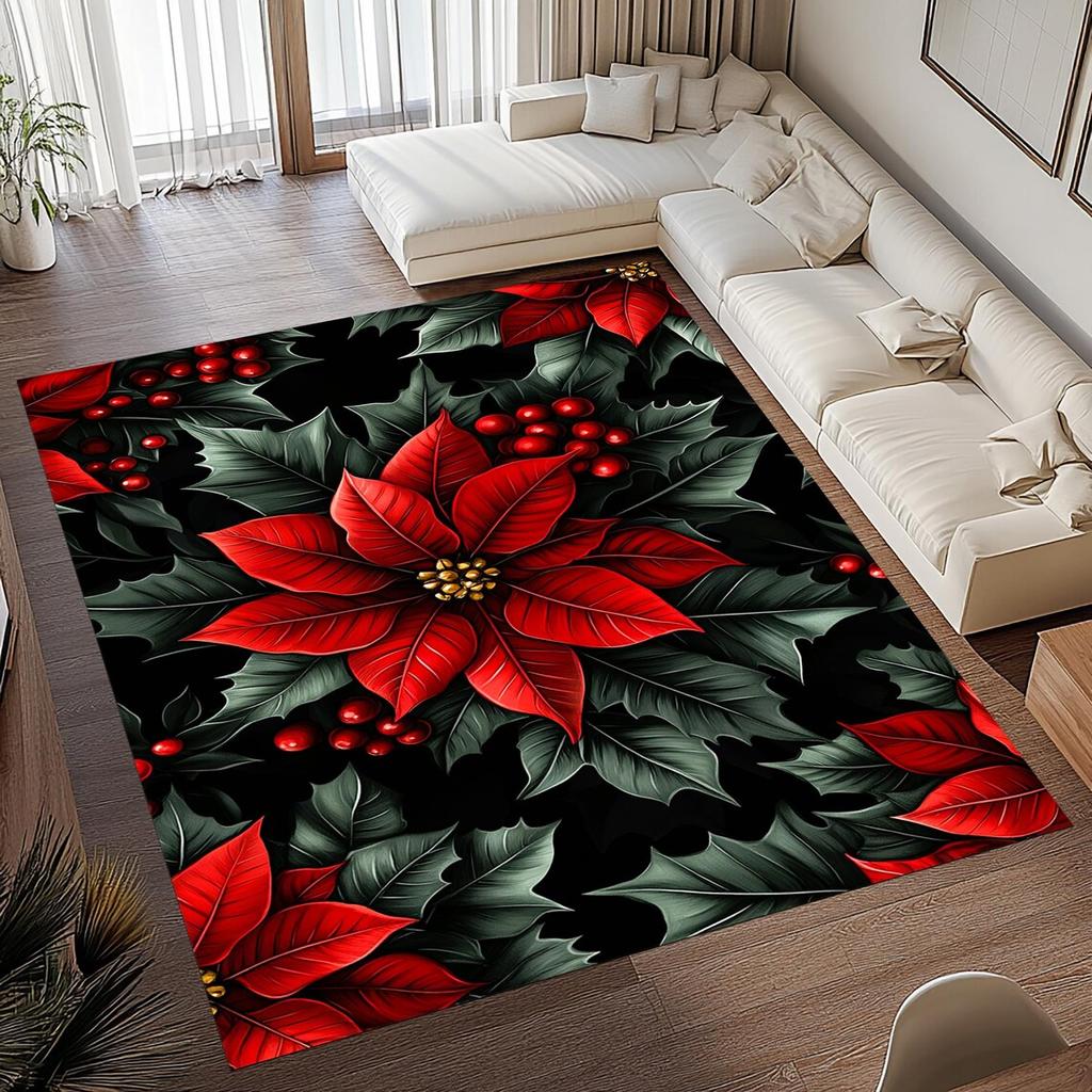 Christmas Poinsettia Flower Rug Anti-slip Floor Mat Suitable for Living Room Bedroom and Home Decoration