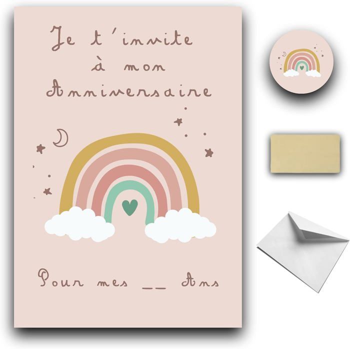 RXLITE KIT créatif Invitations Anniversaire thème ARC EN CIEL :10 Cartes à Gratter Stickers Dorés Enveloppes Blanches