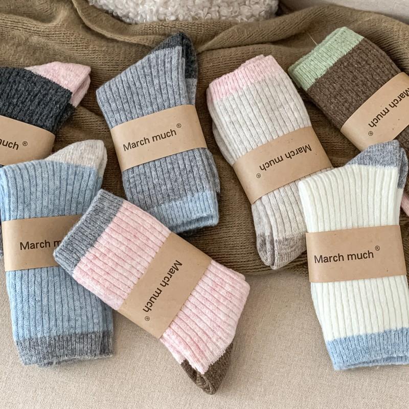 Mittellange Socken für Damen, Verdickte Wollsocken für Herbst und Winter, Unifarbene Damensocken, Bunte Dickgarn-Frotteesocken
