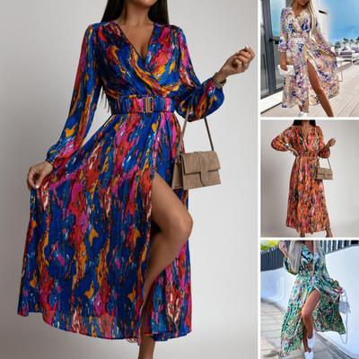 V-Neck Long Sleeve Maxi Dress Belt High Waist Ankle Length Colorful Print Split Hem Holiday Dress Streetwear