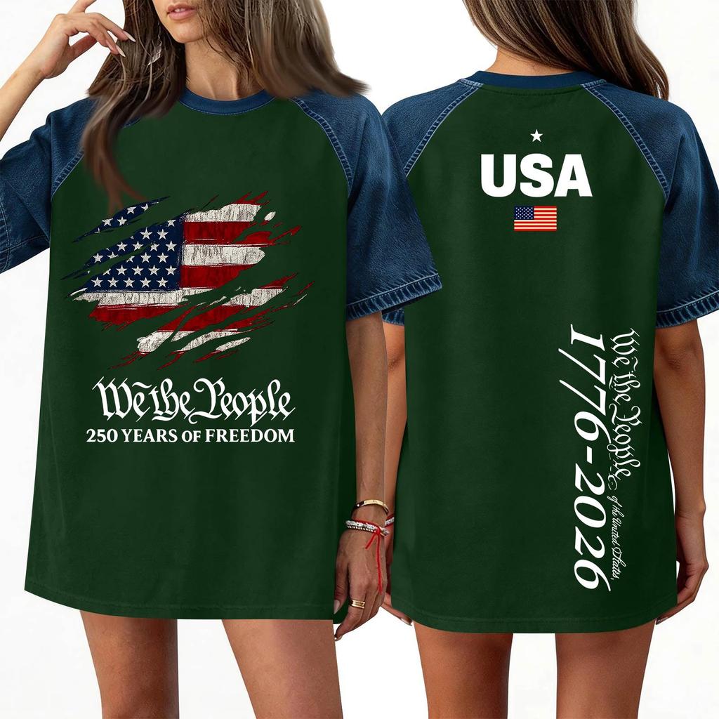 Women's Denim Patchwork Top, Casual Short-sleeved Comfortable T-shirt, Fashionable For Spring And Summer.