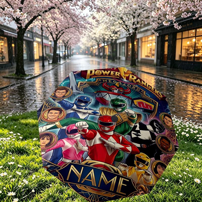 Custom Name Personalized Power Rangers Print Umbrella, Auto Open Close, 8‑Rib Sturdy Frame, Commute Camping Hiking Use, Birthday Gift
