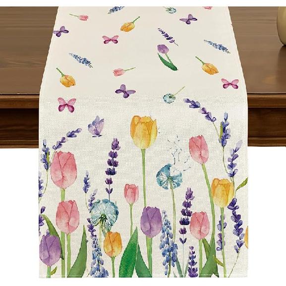 Spring Summer Lavender Tulip Table Runner 13x72 Inch Seasonal Floral Kitchen Dining Table Decor for Indoor Outdoor Farmhouse Home Anniversary Party