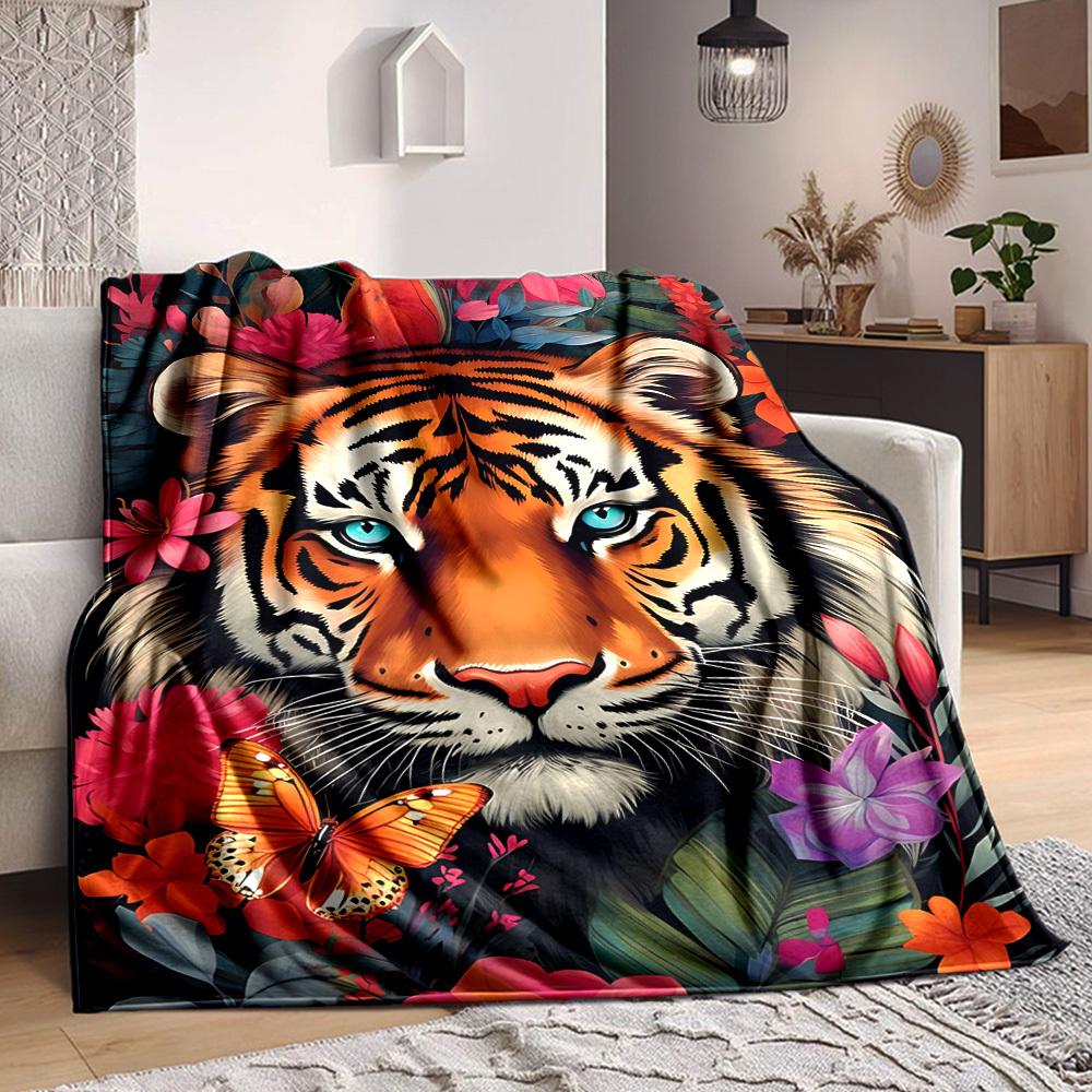 

1PC Tiger Floral Print Blanket, Throw For Sofa, Bed, Travel, Camping, Livingroom, And Bed, Printing Blanket With Soft And Warm Fabric yy250918136 100x150cm