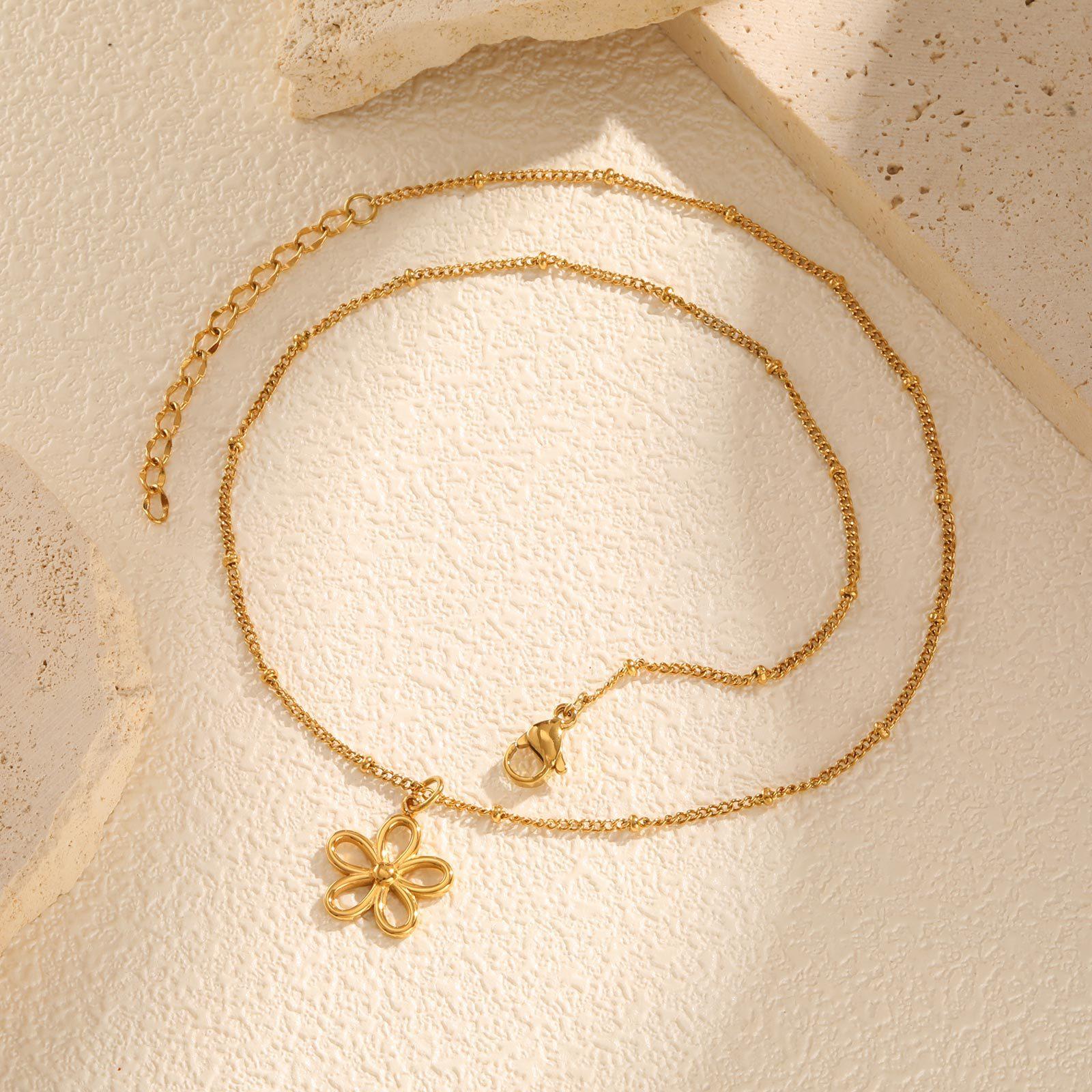 Stainless Steel Bead Chain Hollow Flower Gold Necklace, Elegant Fashion Accessories 1876 золотой