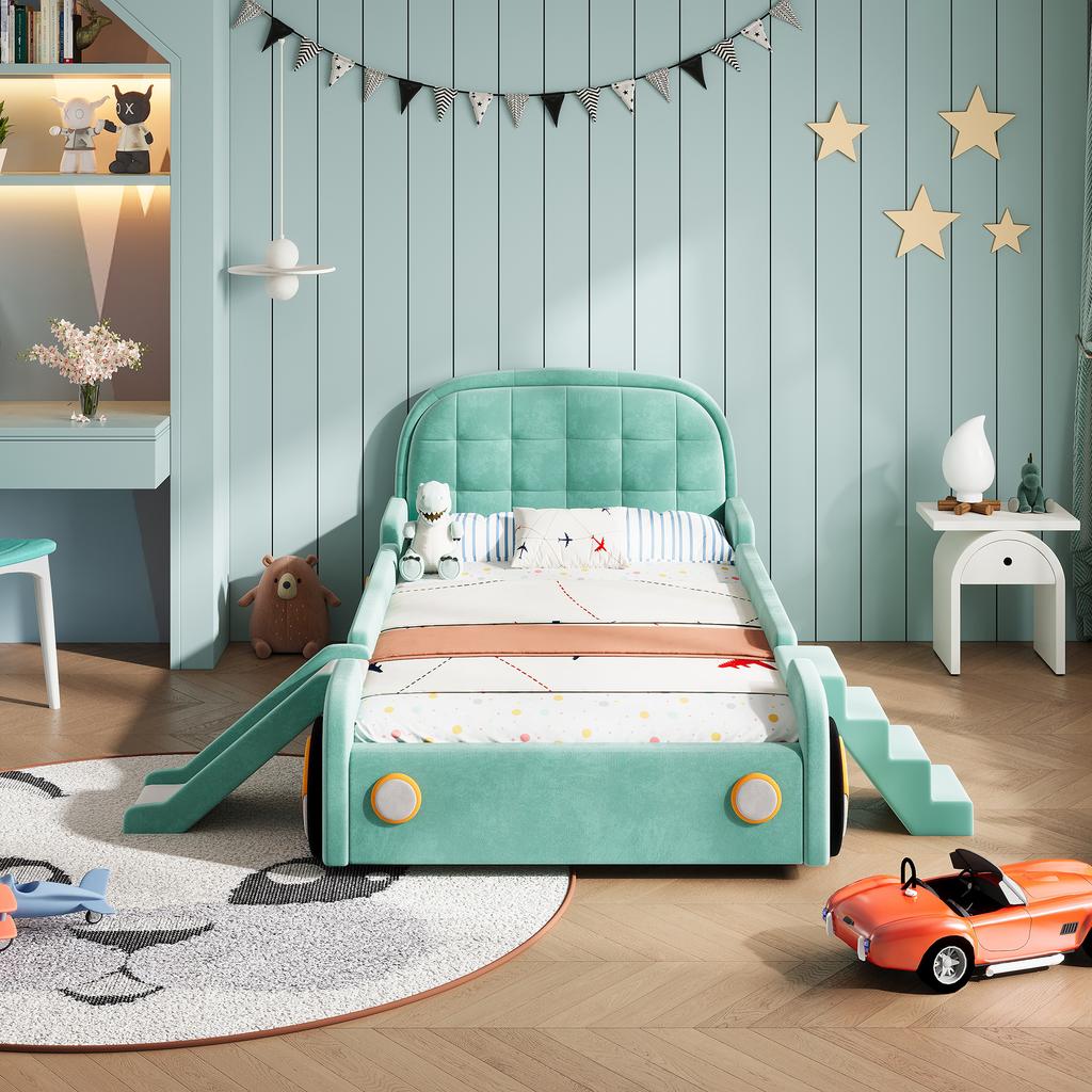 Bett, Autofahrerbett mit Rutsche und Treppe, Links/Rechts montierbar, Polsterbett in Petrol, Spielbett mit Absturzsicherung für Kinderzimmer, 90x200 cm