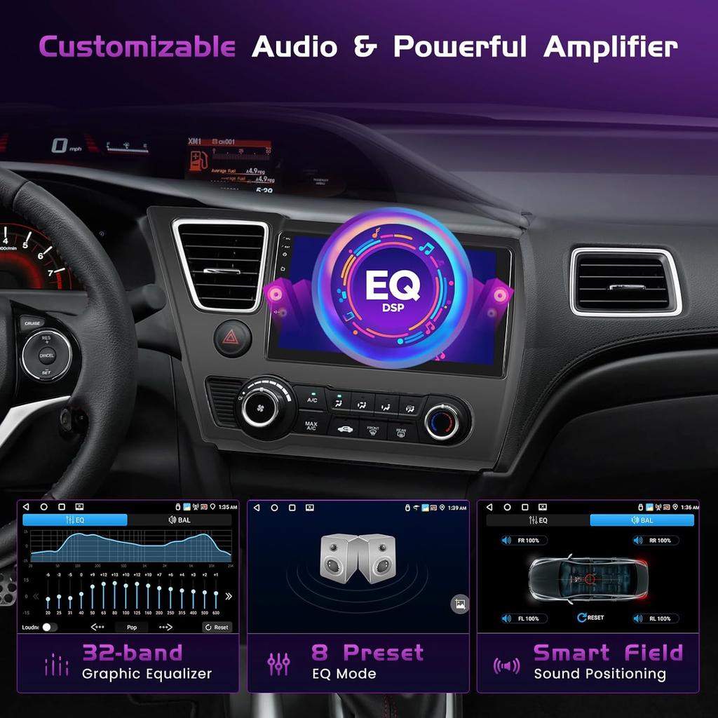 Android 15 Car Stereo for Honda Civic 2013-2017, 4+64GB, CarPlay, Android Auto, 9' Touch Screen, GPS, WiFi, Bluetooth, Backup Ca