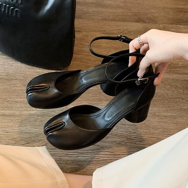 Sheepskin version~ Leather silver bag head sandals women's summer wear thick heels split-toed pig's trotters high heels Mary Jane shoes