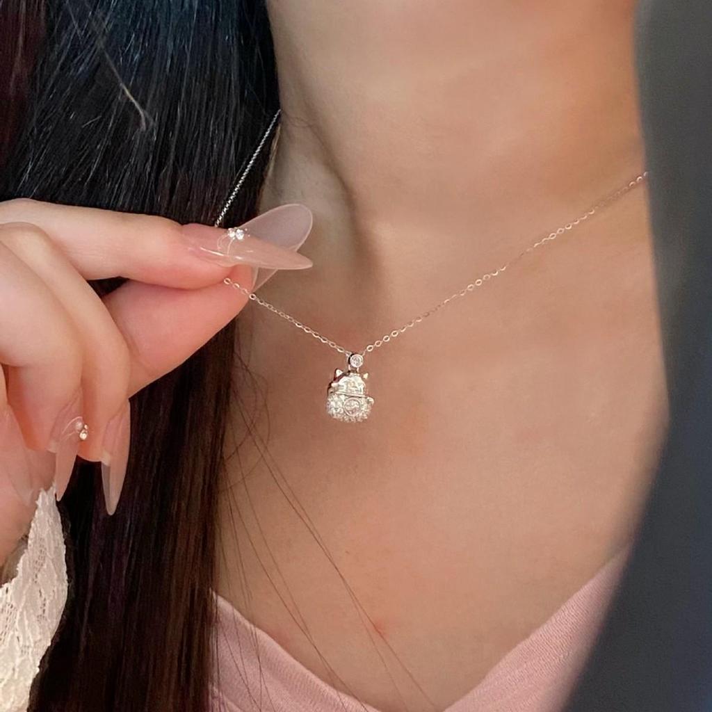 S925 Sterling Silver Lucky Cat Necklace with Diamond Fu Character - Women's Clavicle Chain & Kitten Pendant