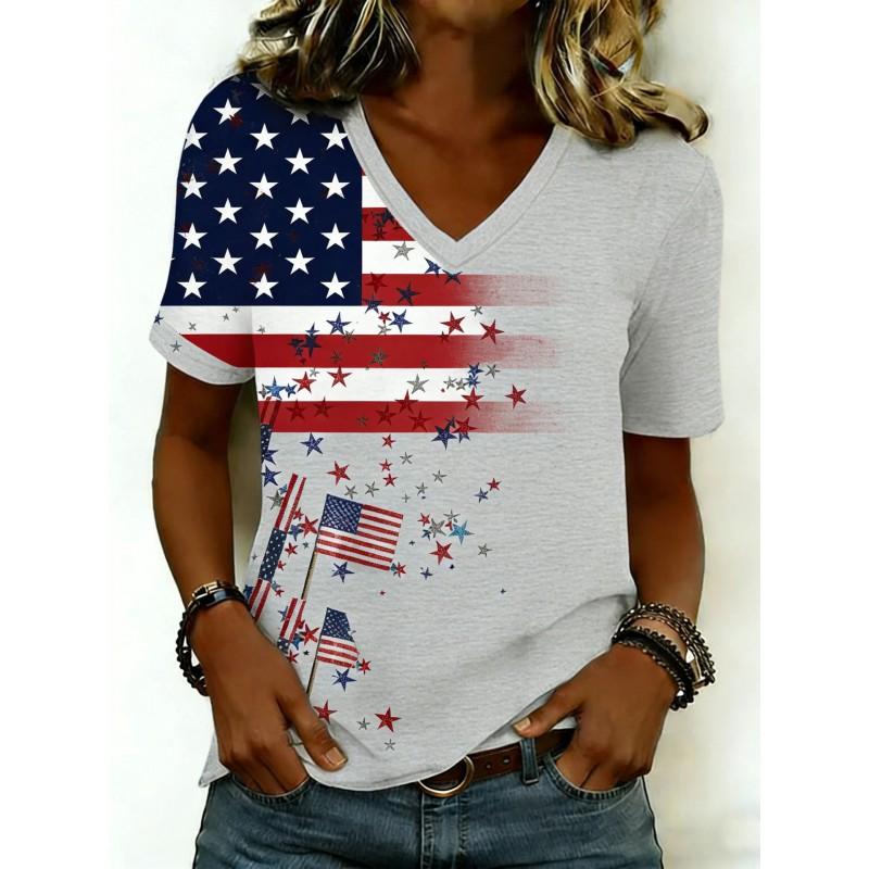 V-Neck Short Sleeve T-Shirt With Blue White Striped Print Loose Fit Casual Top Women 2025