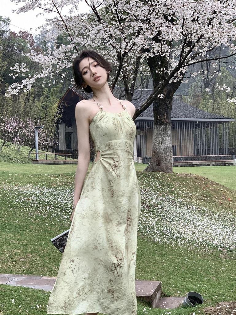 2024 Summer Halterneck Camisole Dress: Women's Elegant Cut-Out Waist Long Dress