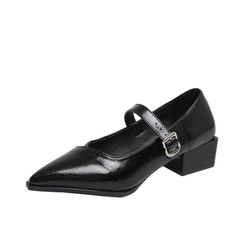 Retro Mid-length Single Shoes Spring and Summer New Fashion Belt Buckle Pointed Toe Comfortable Shallow Toe Leather Shoes 35-44