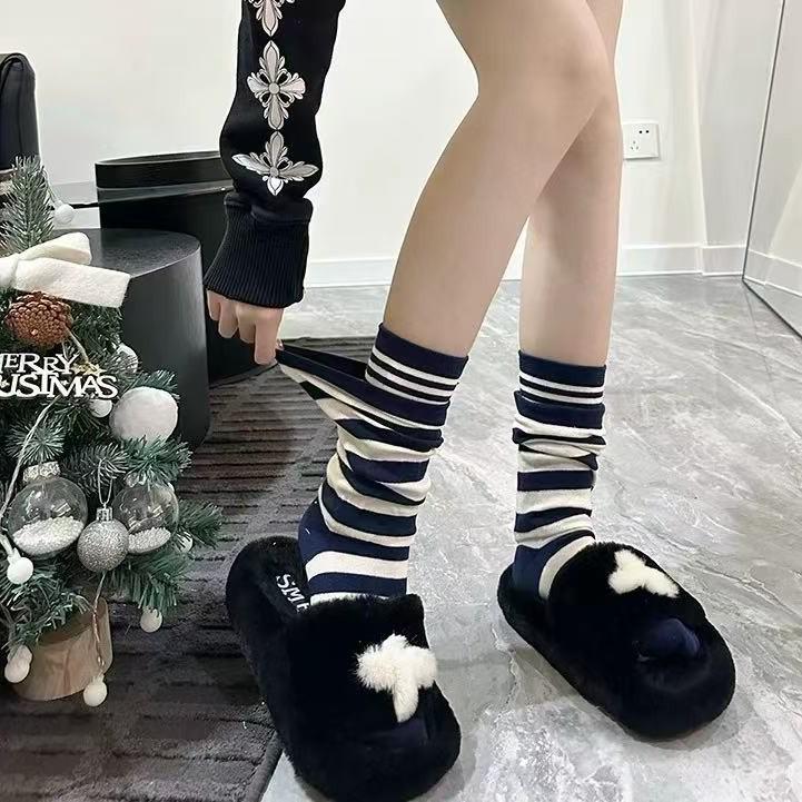 Korean-Style Cotton Mid-Calf Flared Striped Socks - Women's Fashionable Double-Layer Slouchy Design