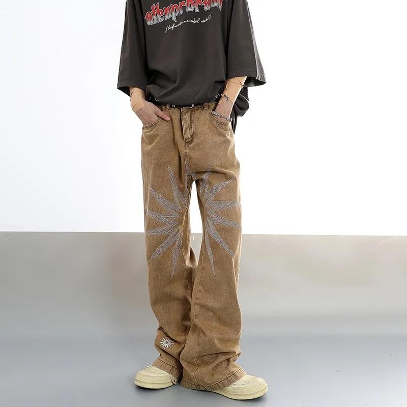 

Mens Brown Washed Star Embroidery Wide Leg Jeans S коричневый