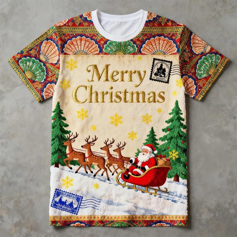 Children's Santa Claus Print Round Neck New Year T-shirts Kids Unisex Comfortable Fashionable Top Short Sleeved
