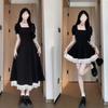 Zipper + Inner Summer New Fashion Thin A-shaped Dress Black Swan Short-sleeved Long Short Skirt Small Black Dress Women's Clothing