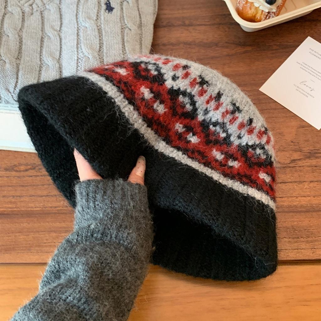 Fair Island Style Retro Knitted Bucket Hat Female Warm Ethnic Style Big Head Circumference Showing Face Small Wool Hat Tide