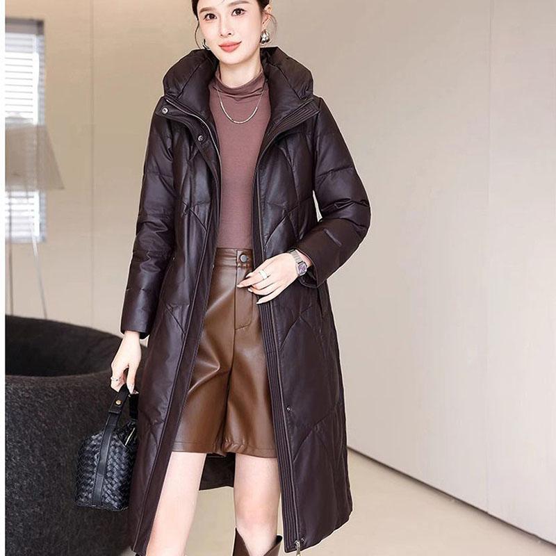 Winter Women's Genuine Leather Jacket Over-the-Knee Long Sheepskin Padded Coat Thickened Windproof Warm Camel Wool Coat