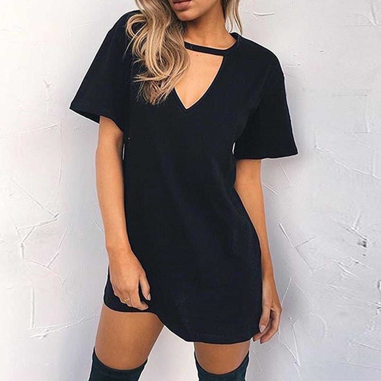 

Модное женское повседневное однотонное женское мини-платье с коротким рукавом и v-образным вырезом S чёрный