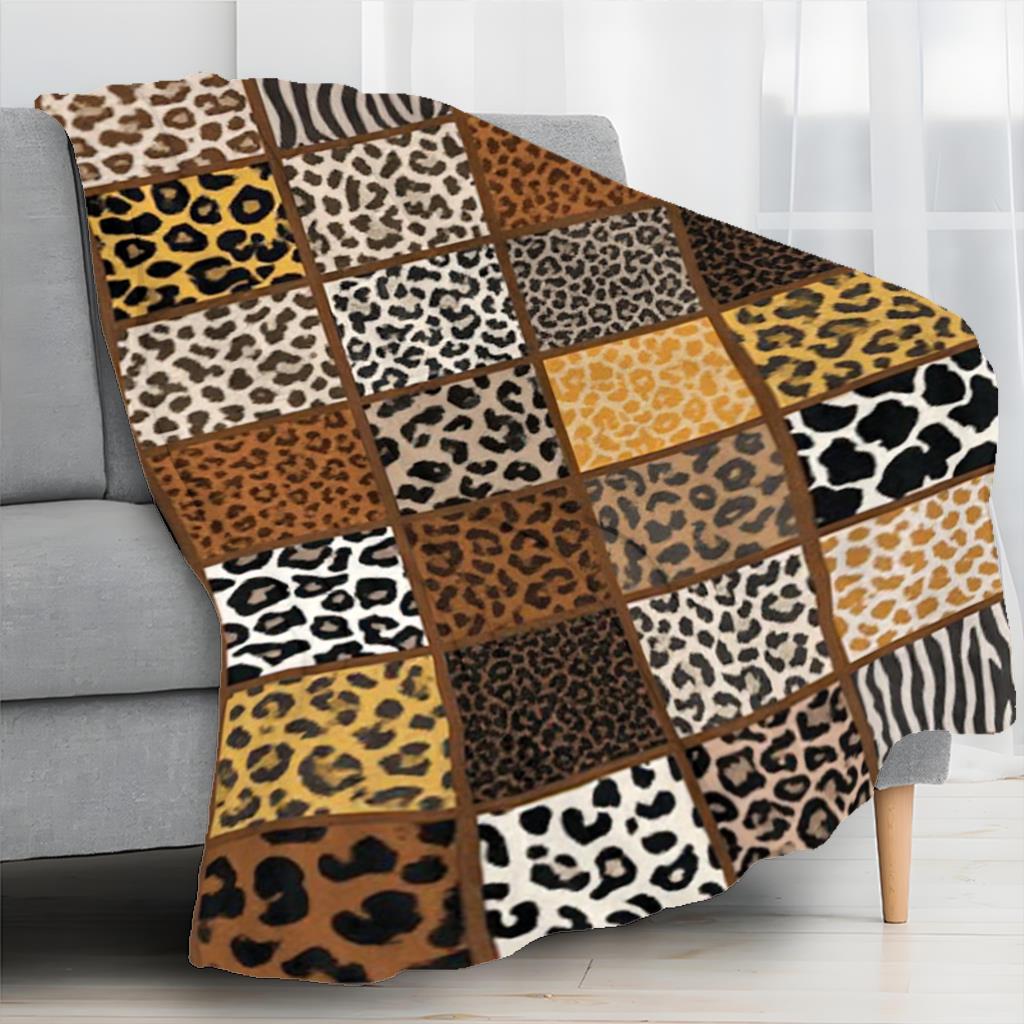 1pc Leopard Print Patchwork Flannel Blanket, Soft Plush, Home Camping Travel, All-Season, Neutral Colors, for Couch