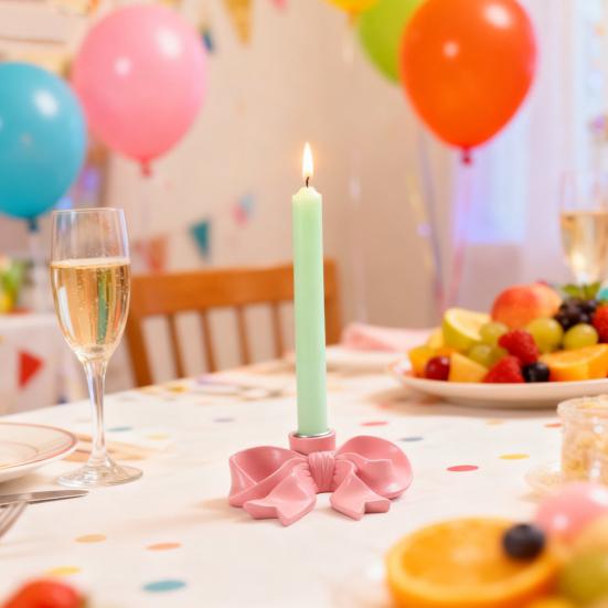 Pink Bow Ceramic Candle Holder Taper Candle Stand Candlestick Table Centerpiece Holiday Party Home Office Desktop Decoration