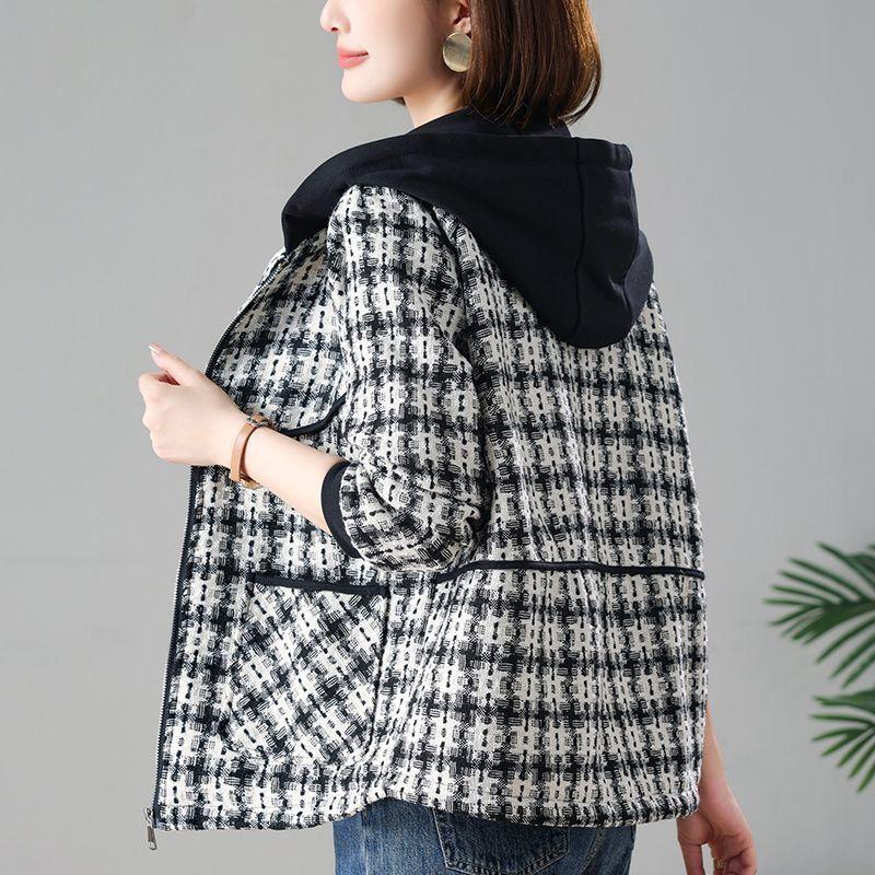 Autumn Large Size Fashion Plaid Short Hooded Jacket