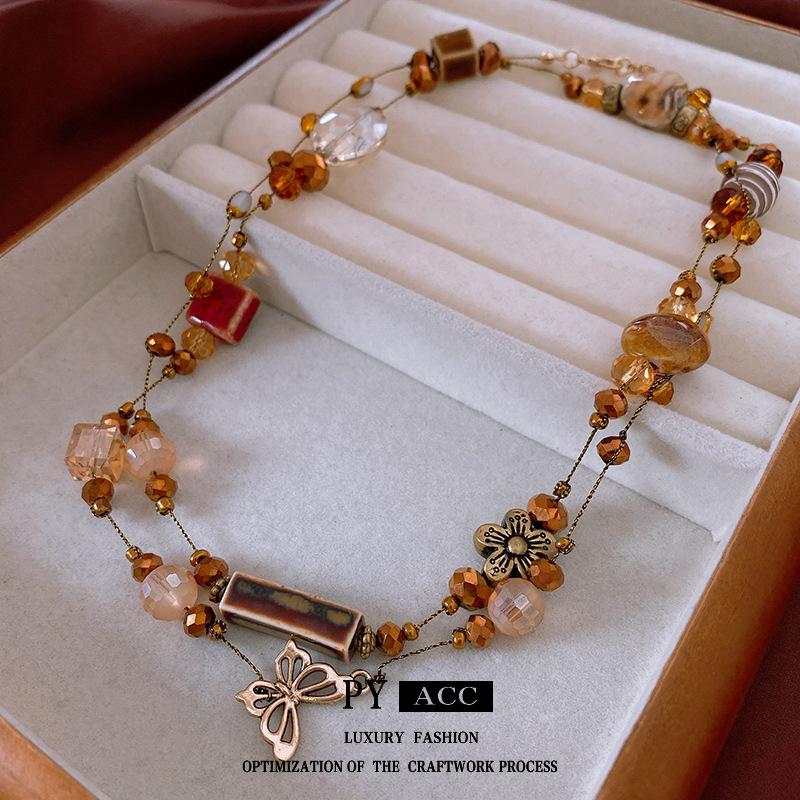 Flower Ceramic Rice Beads Beaded Stacked Necklace Retro Exquisite Collarbone Chain Design Sense Niche Necklace Women