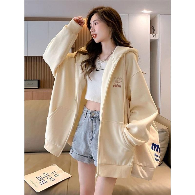 Women's Fleece Lined Zip Up Hoodie Cartoon Embroidery Casual Oversized Jacket