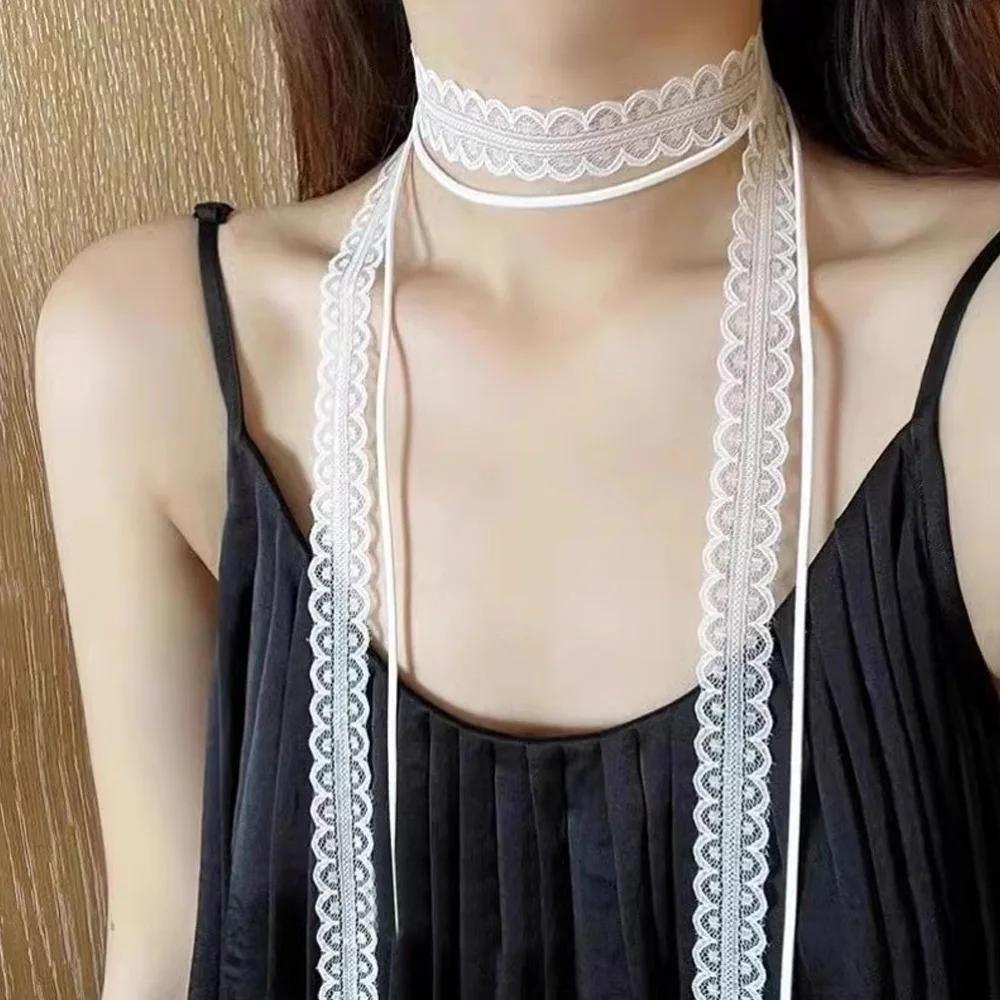 

Fashion Choker Necklace for Women Sexy Black White Lace Bowknot Pendant Short Clavicle Chain Gothic Chokers Aesthetic Jewelry белый