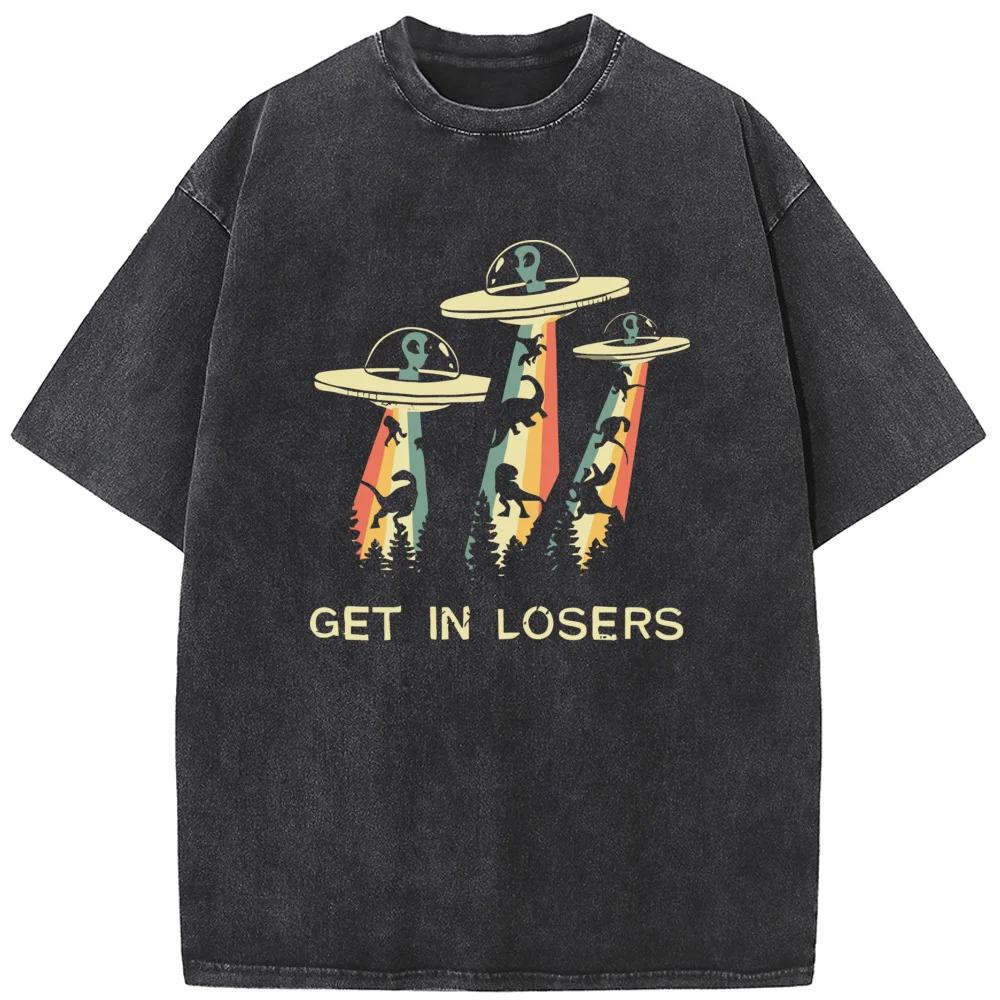Dinosaur and Alien Spaceship Washed T-shirt Cotton Loose Casual T-shirt