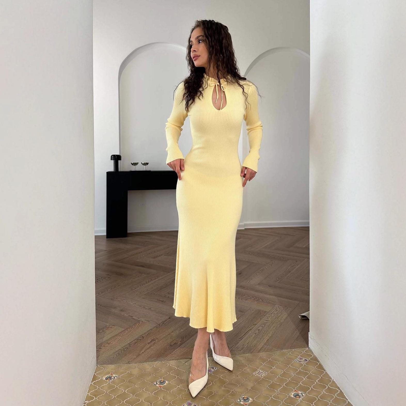 

2025 Autumn Cheongsam Collar Long-Sleeve Knitted Dress with Hollow Design X-Small