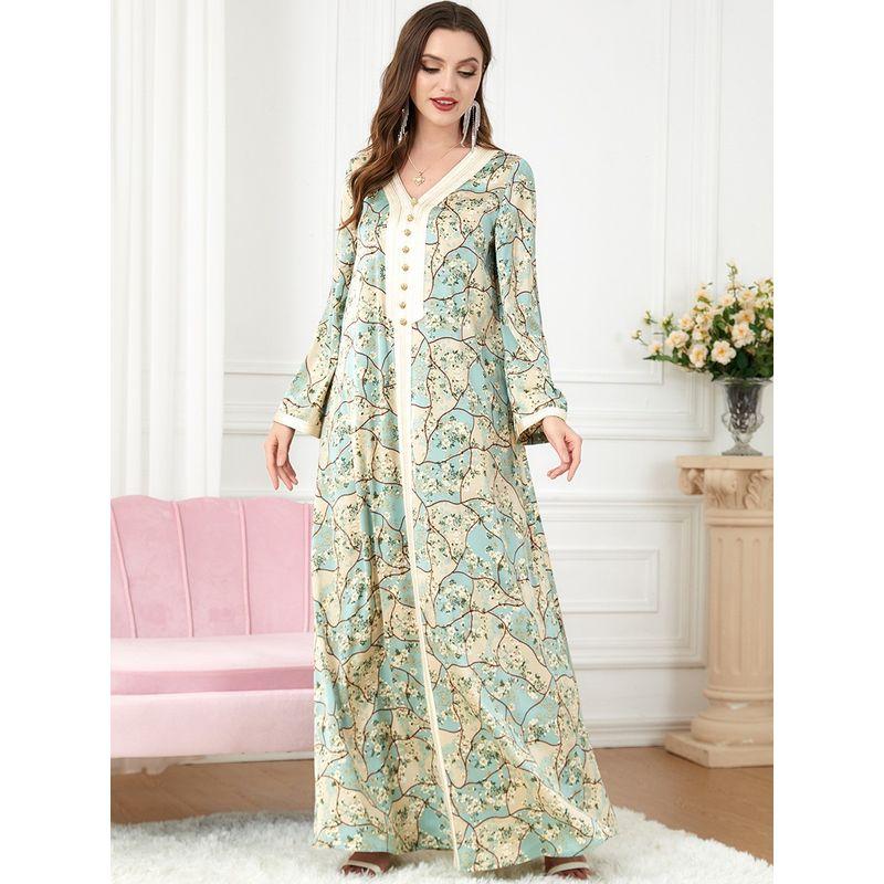 

Ближний Восток Индонезия Юго-Восточная Азия Халат V-образный вырез Принт ленты Женский Весенне-летне-осенний халат Длинные рукава Платье Платья Light green 2XL