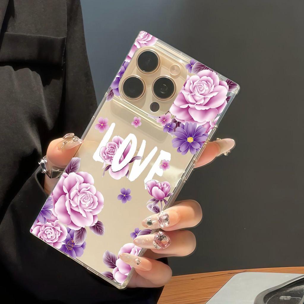 Transparente quadratische Rückseite Röhrenhülle Schutz für iPhone 13 12 11 14 Pro Max 15 Plus 16 ProMax Anti-Sauerstoff, Rosa Rosen Muster Hülle