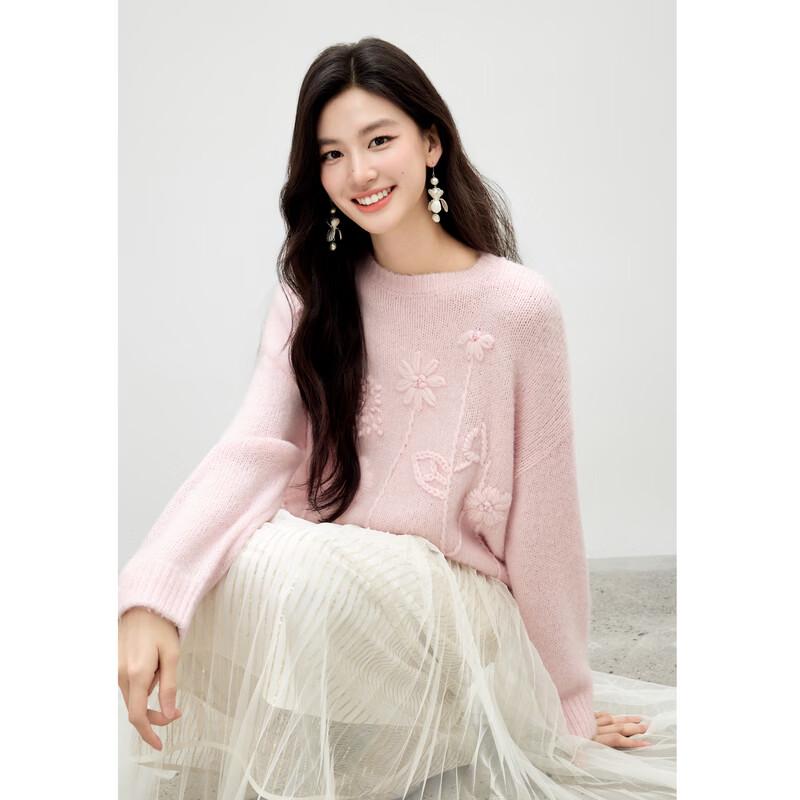 Sweet Floral Round Neck Knitted Sweater M