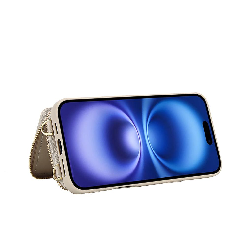 For iPhone 16 Plus Case RFID Blocking Zipper Wallet Leather + TPU Phone Cover with Shoulder Strap